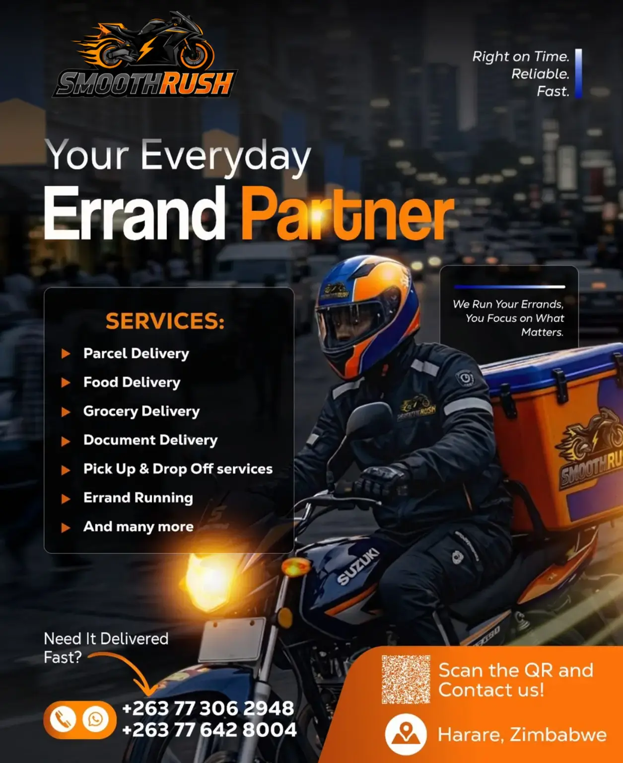 SmoothRush service guide for parcel, food, grocery, document and errand delivery in Harare